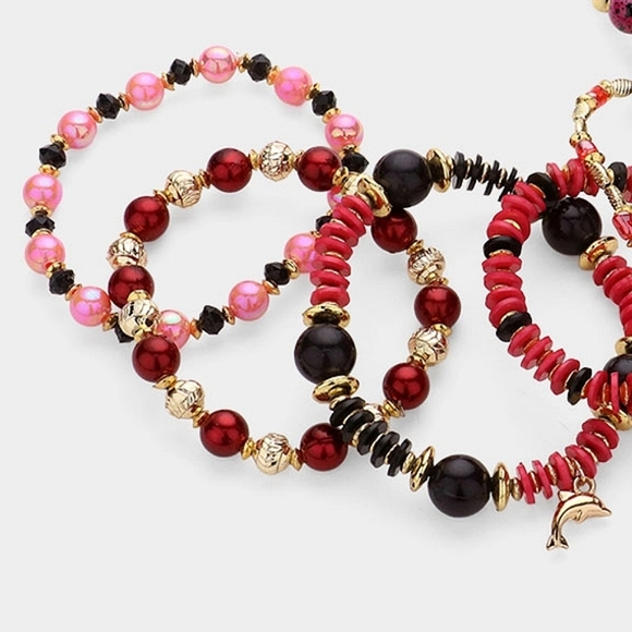 Red Gold Beaded 7 PC Dolphin Heart Charm Metal Stack Stretch Layered Bracelets - Picture 3 of 5